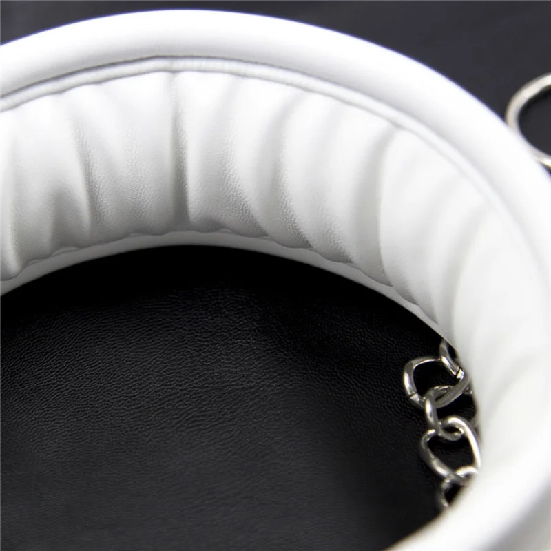 Soft Padded White BDSM Bondage Restraint Wrist Handcuffs Neck Collar Ankle Cuffs with Chain Slave Erotic Flirting Adult Sex Toys