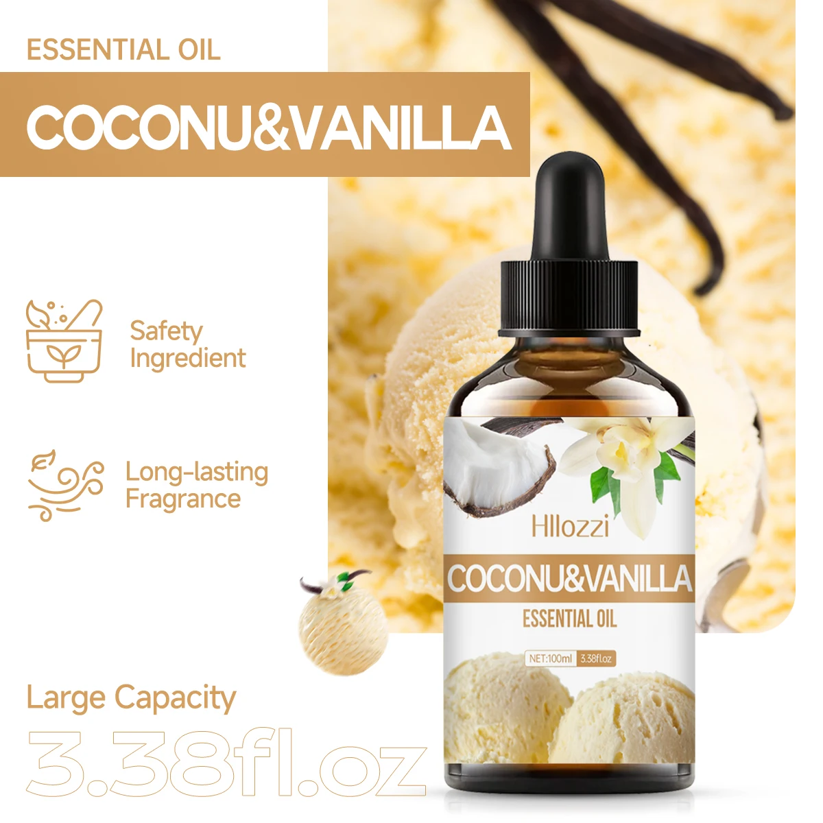 Coconut & Vanilla essential oil for body massage, aromatherapy diffuser, long lasting fragrance, suitable for all skin types.