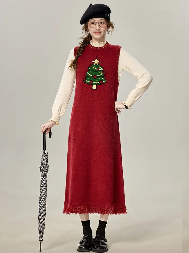 

Red Tassel Vest Knitted Dress For Women'S Autumn And Winter Layering Design, Slim Fit And Fashionable Woolen Dress