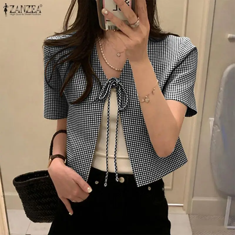 ZANZEA Women Fashion Gingham Tie-Front Cardigans V-Neck Short Sleeve Short Shirts 2026 Summer Casual Dates Daily Wear Tops