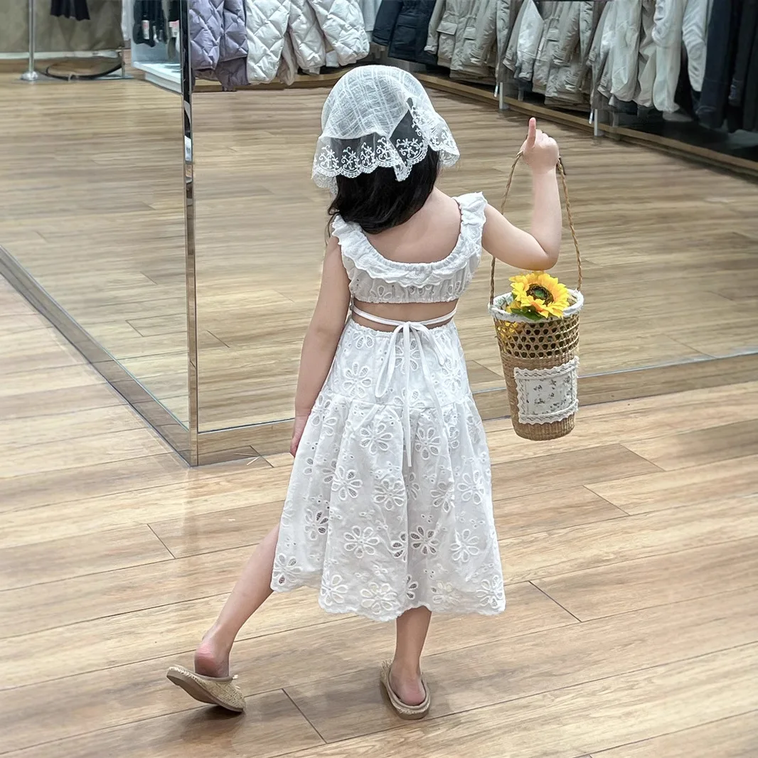 

Korean Girls Dress 2025 Summer New Dress Vacation Style White Flower Princess Dress Girls Clothes