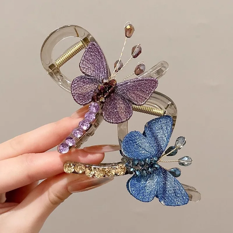 

Vintage Embroidered Butterfly Claw Clip Women Elegant Medium Shark Clip At The Back Of The Head Hairpin Girls Hair Accessories