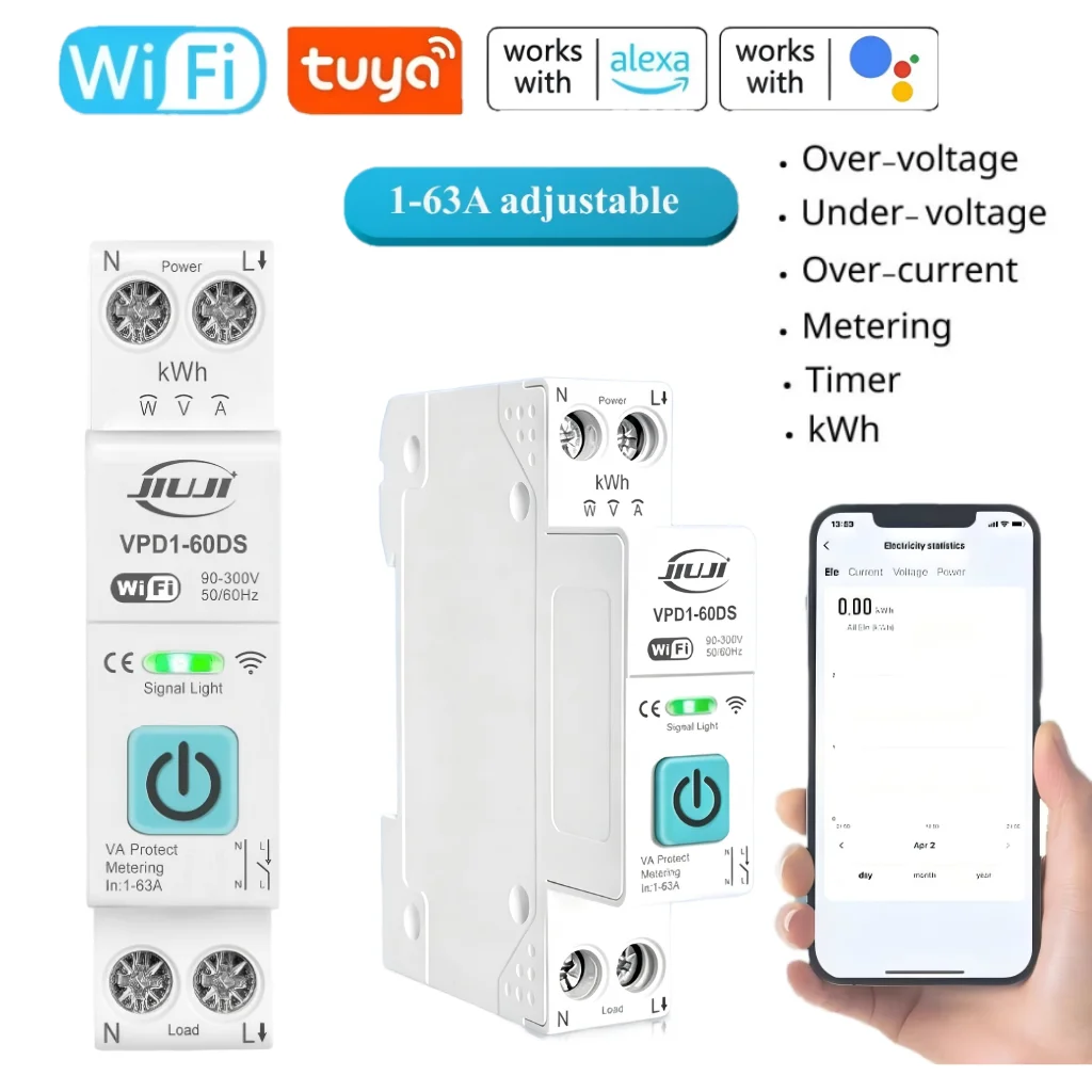 Interruptor Inteligente WiFi JIUJI 63A 1P+N com Medição de Energia, Monitoramento de KWh, Temporizador, Disjuntor MCB Compatível com TUYA para Smartlife e Medição de Tensão