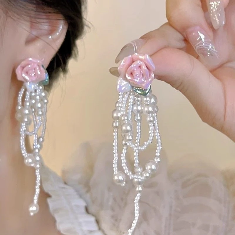 Romantic Women Lady Flower Pearls Tassel Dangel Earrings Gifts , Ear Accessories Prensents