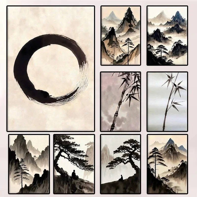 1pc frameless Canvas Painting Japanese Minimalist Wabi Sabi Zen Ink Poster Japandi Mount Landscape Meditation Canvas Painting Wa