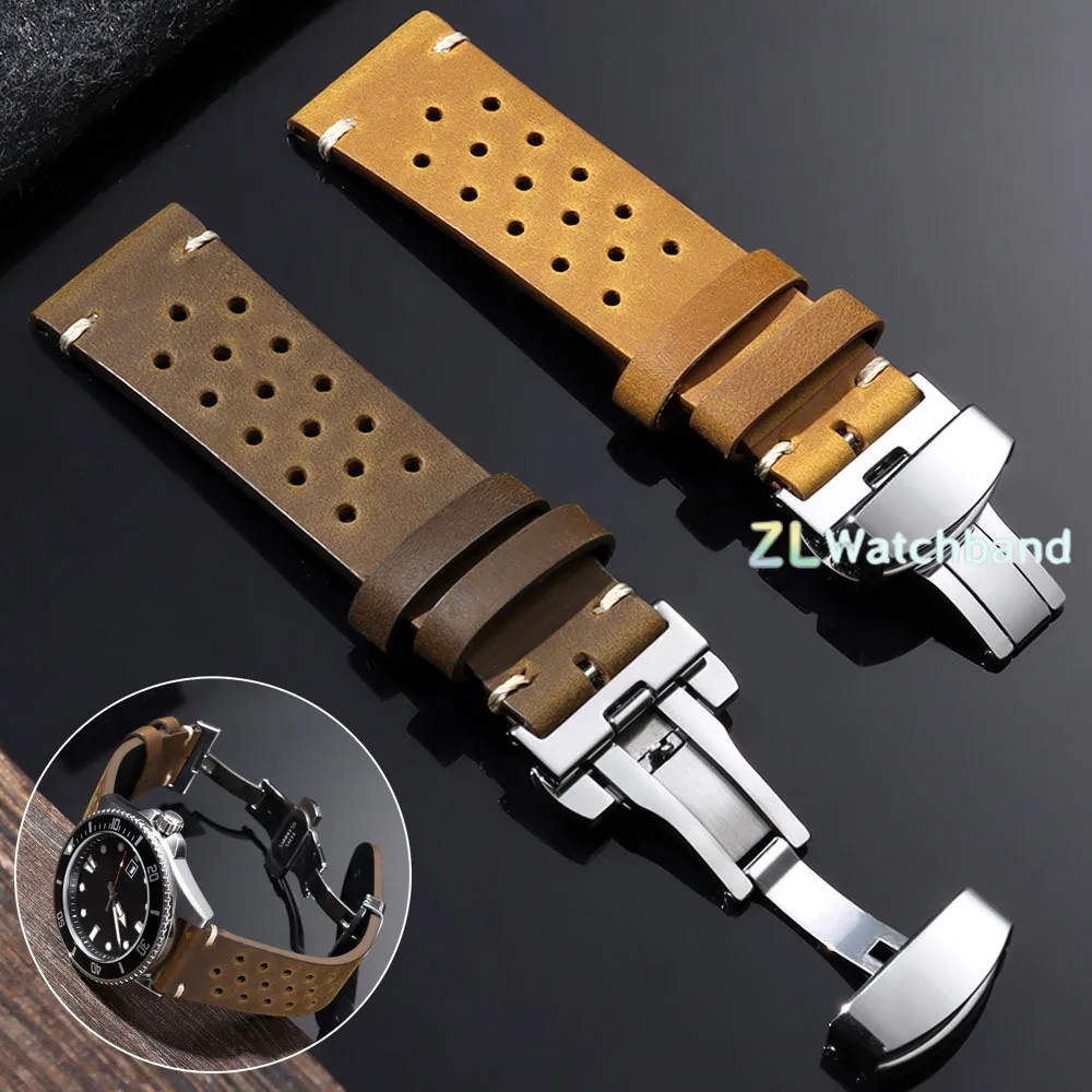 Bracelet de montre en cuir avec boucle papillon, 18mm, 19mm, 20mm, 21mm, 22mm, 24mm, Vintage, respirant, poreux, pour Omega, pour Seiko