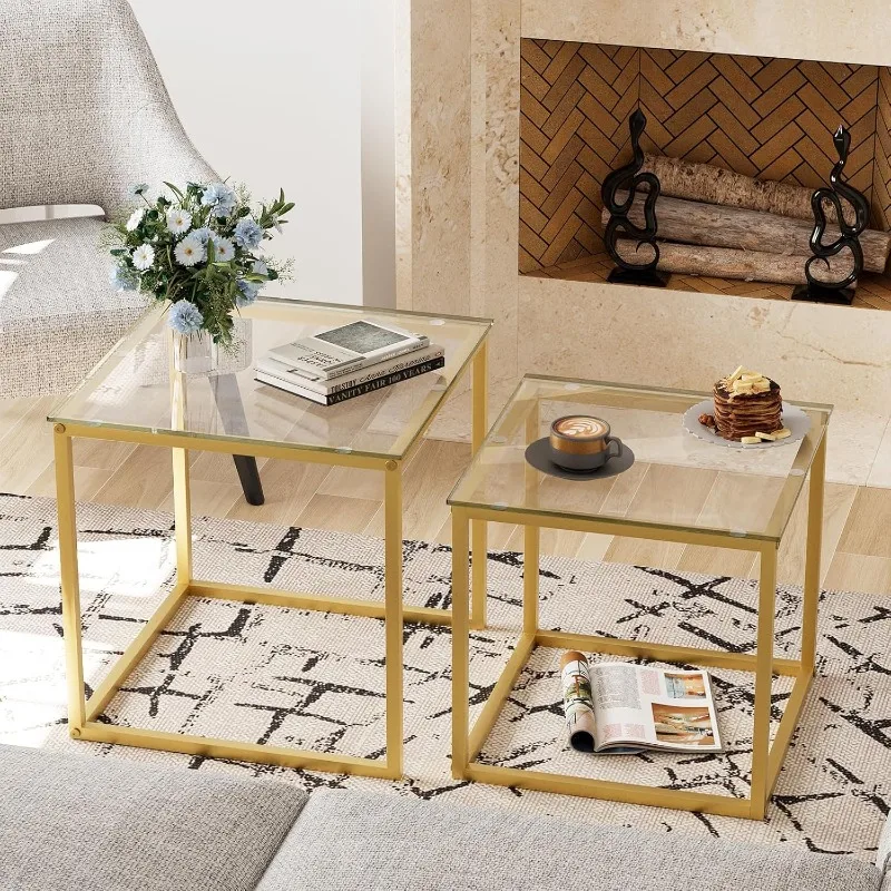 Coffee Table Set of 2, Modern Gold Glass Side Table, Metal Frame Square End Table, Center Tables Nesting Coffee Table.