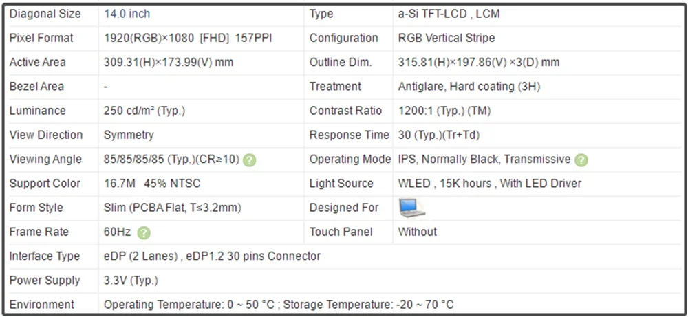 M140NWF5 R2 14 Inch Laptop LCD Screen Display IPS Panel FHD 1920*1080 EDP 30pins Slim 60Hz 45% NTSC