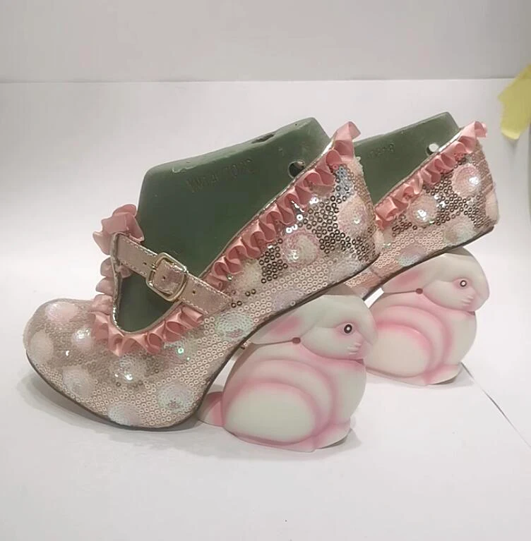 Sweet Pink Sequins Flower Cute Rabbit Heels Pumps Woman Back Fur Ball T-Straps Ruffles Round Toe Animal Heel Wedding Shoes