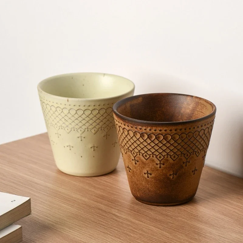 Retro Relief Grid Pattern Ceramic Coffee Mug 220ml,Handmade Vintage Latte Art Cup for Afternoon Tea, Unique Small Drinkware Gift