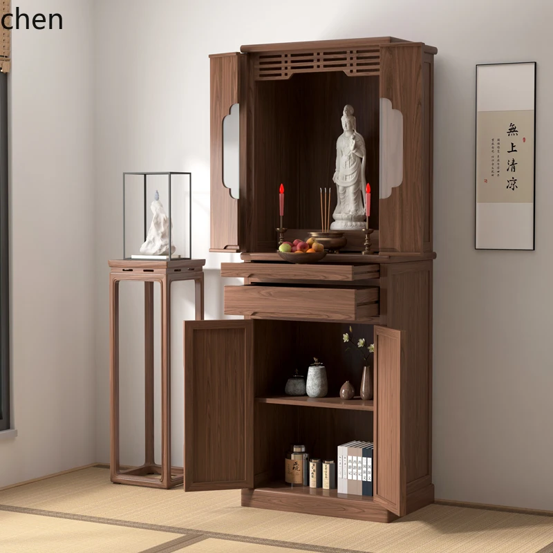H1 black walnut solid wood Buddhist niche stand cabinet with door God of Wealth Guanyin Shrine Buddhist cabinet