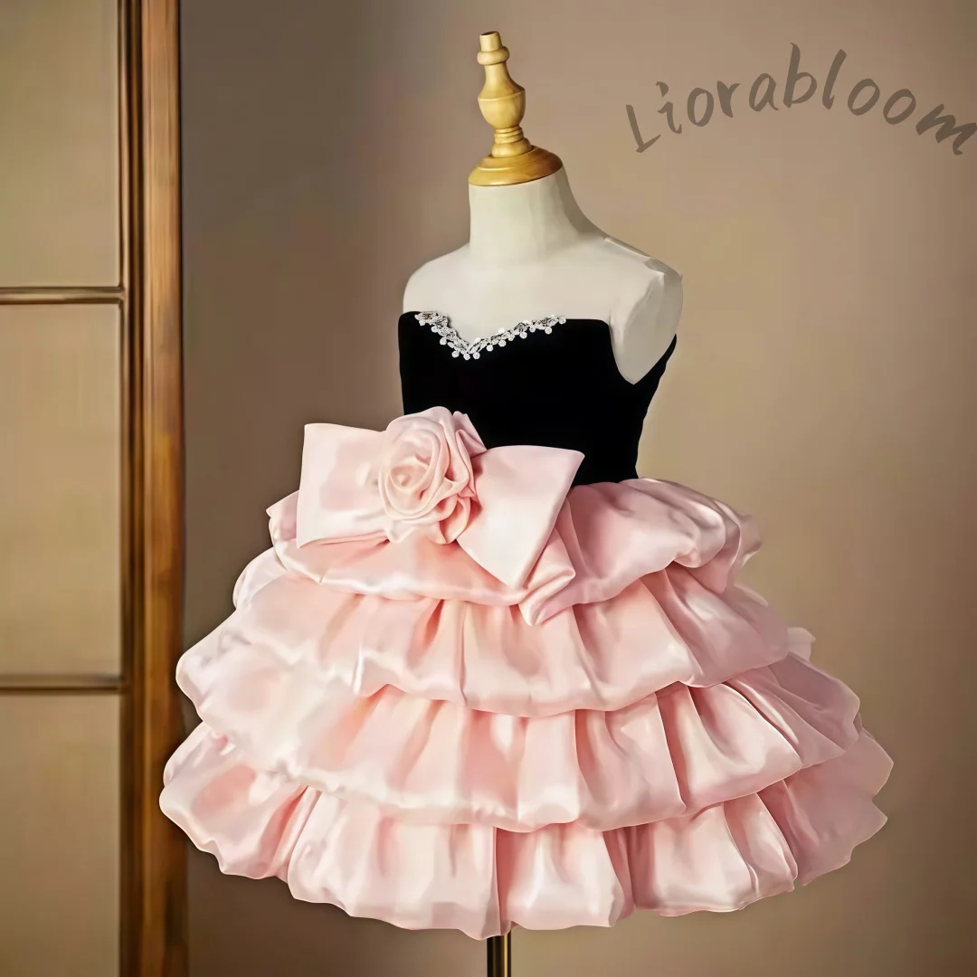 Abito da Cerimonia in Tulle Rosa con Fiocco per Bambine, Vestito Formale da Damigella, Abito da Bambina