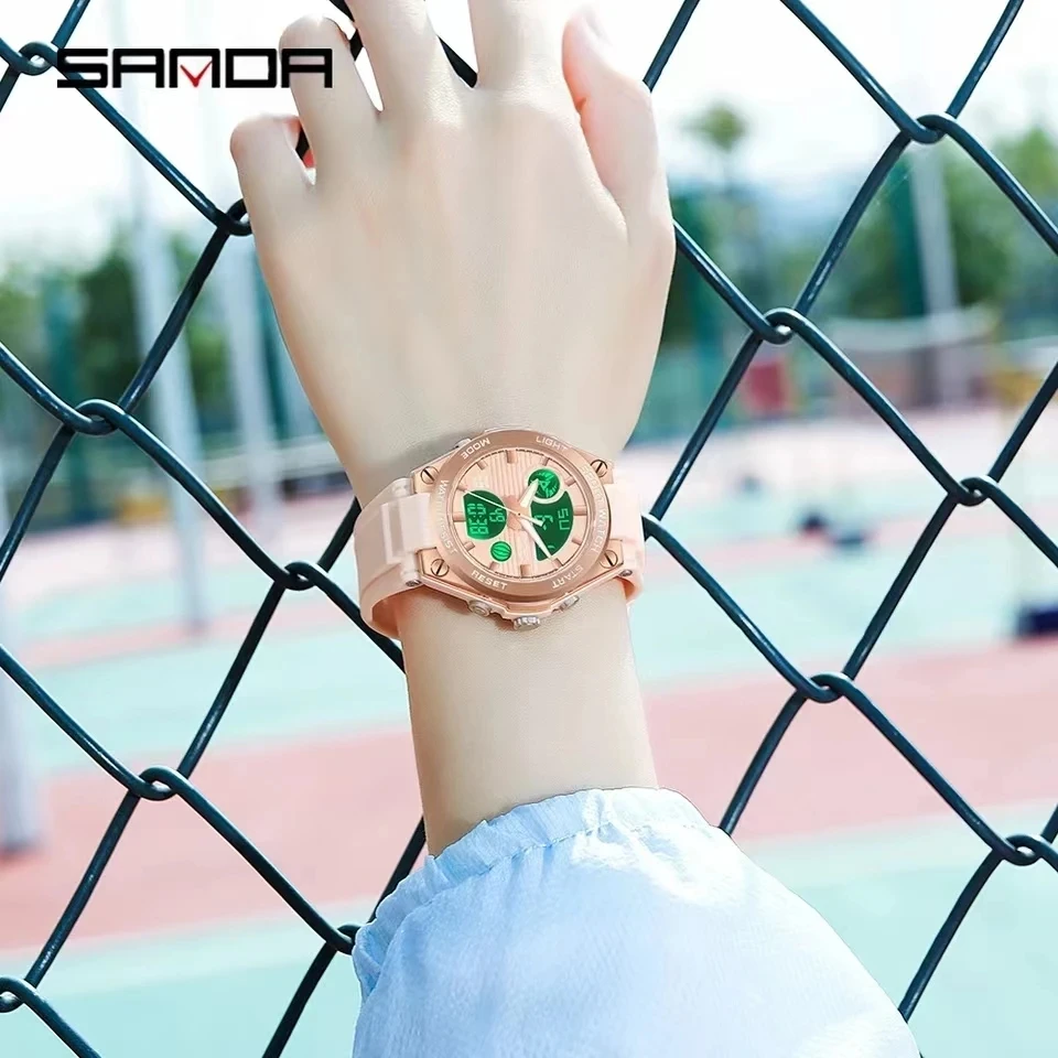 SANDA-reloj electrónico de silicona para mujer, cronógrafo luminoso deportivo, creativo, a la moda, pantalla Dual, Macaron, 6067