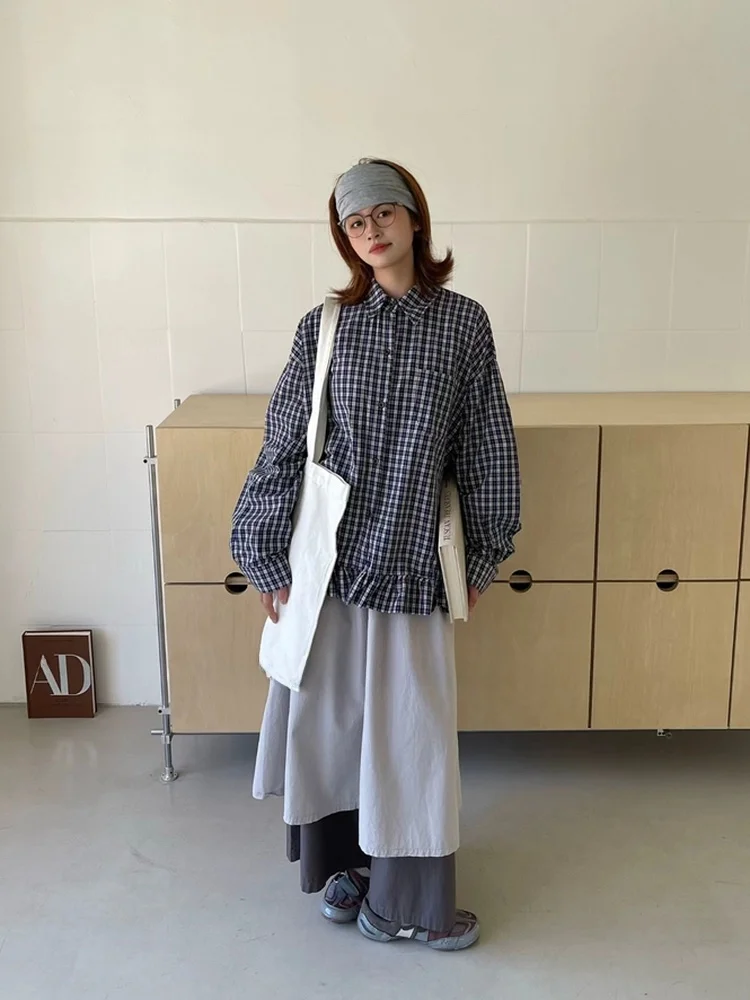 

Casual Japanese Sle Plaid Long Sve Women's irt Loose Fit Design Flounce Collar Cotton Breathable Versatile Top