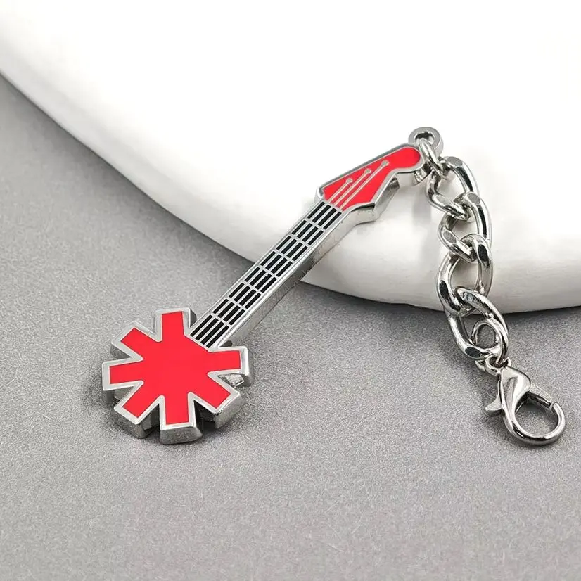 Red H0t-Chili Peppers Keychain Electric Guitar Keyring RHCP Asterisk Logo Pendant Charm Rock Metal Band Backpack Bag Accessories