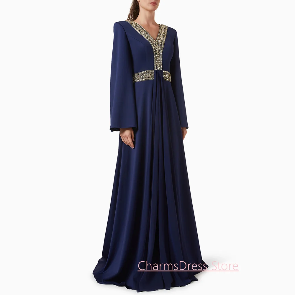 

A Line Evening Dress Customized Long Sleeves V Neck Beading Crystal Sweep Train Saudi Arabian Prom Gown Party Dresses