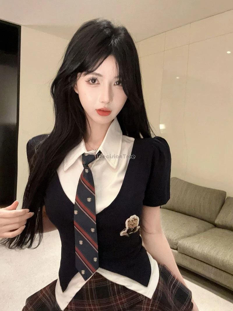 2025 nuove donne estate corea giappone moda jk uniforme camicia a maniche corte, top gonna a quadri set due pezzi sexy dimagrante jk set