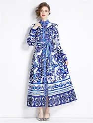 New Fashion Blue And White Porcelain Maxi Dress for Women 2024 Spring New Long Sleeve Lace-up Loose Long Robes Femme