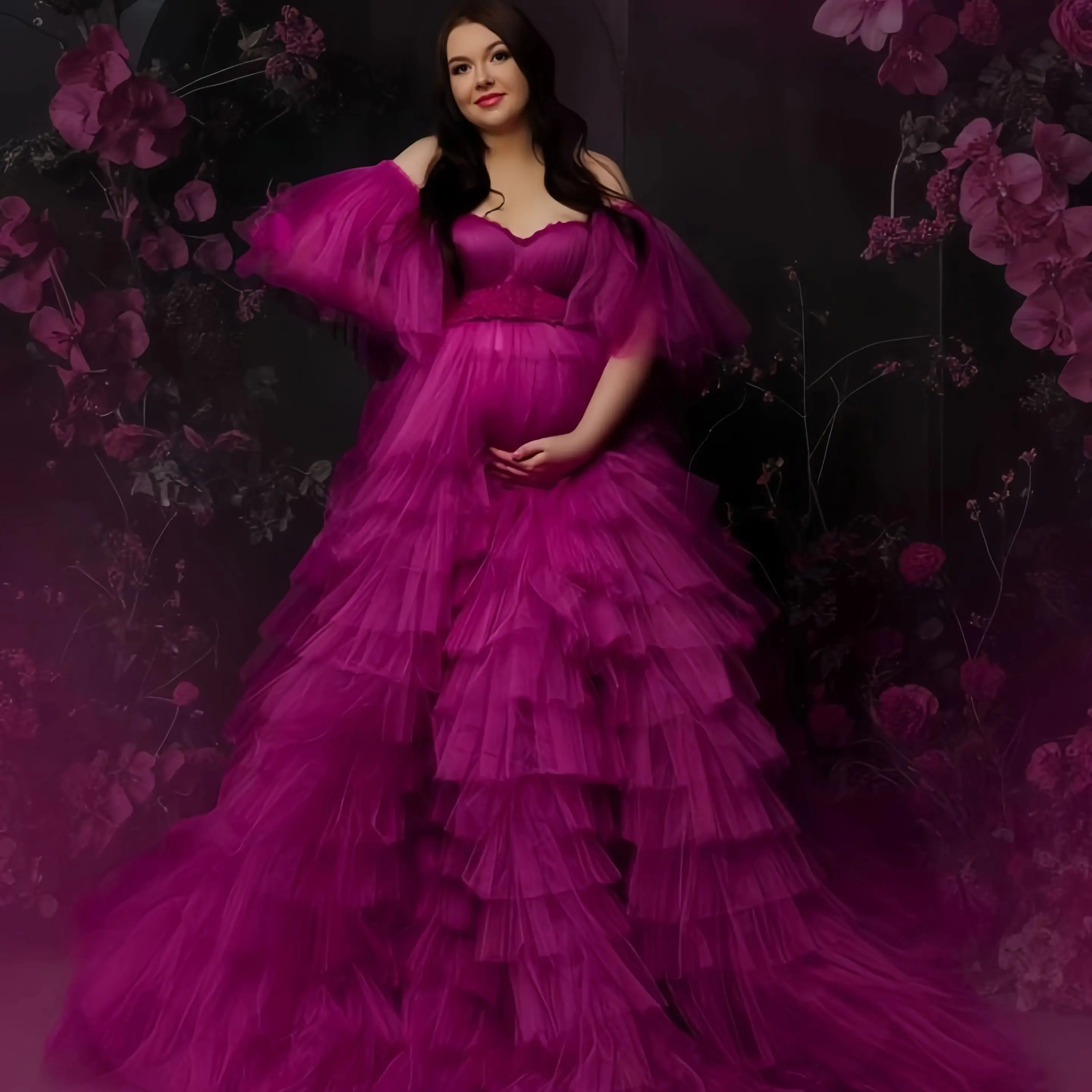 Elegant Evening Dresses Women Fuchsia Sweetheart Maternity Dress for Photo Babyshower Gowns Dressing Tiered Ruched Prom Gowns