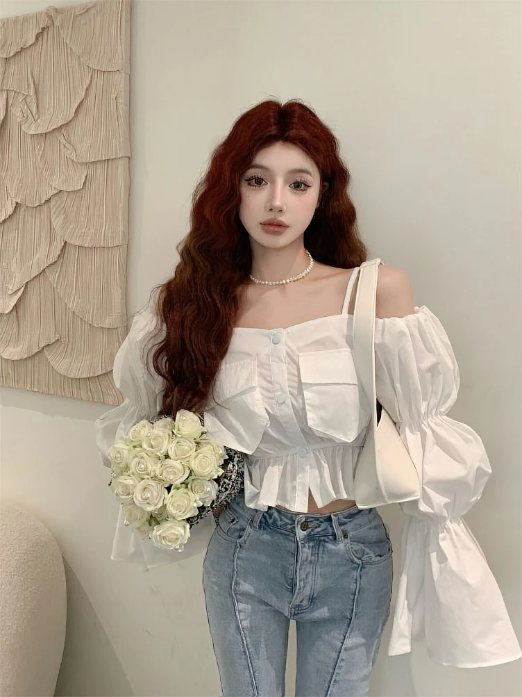 Low Cut Off shoulder Youth Elegant Blouse Women Designer Sweet Puff sleeve Crop Top Ruffles Korean Pocket Button Short Shirts