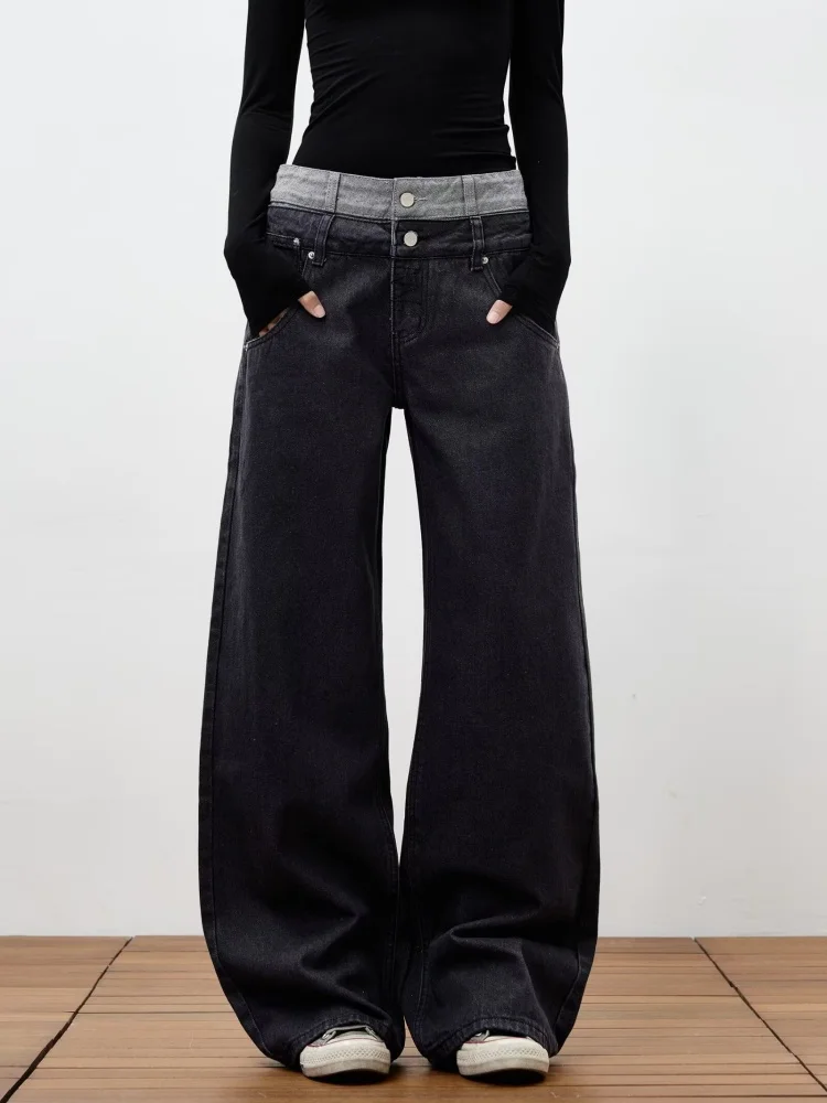 2025 Trend Y2K New Fashion Double Waistband Black Grey Baggy Women's Jeans Pants For Woman Clothes Straight Cotton Long Trousers