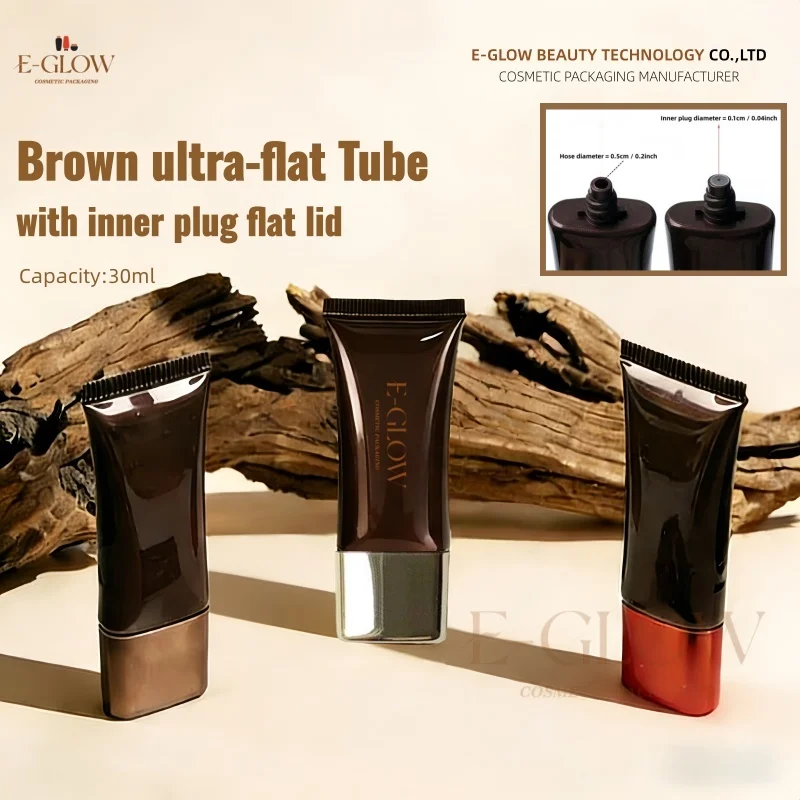 

【Логотип на заказ】50 шт., индивидуальная плоская крышка, 30 мл, коричневая суперплоская трубка с внутренней заглушкой, материал для косметической и косметической упаковки