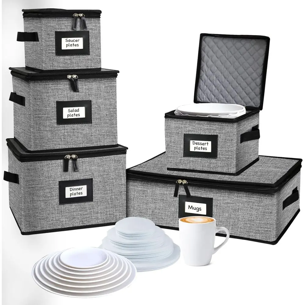 

Grey Quilted Mug and Dish Storage Boxes for Moving, Holds 48 Plates & 12 Cups