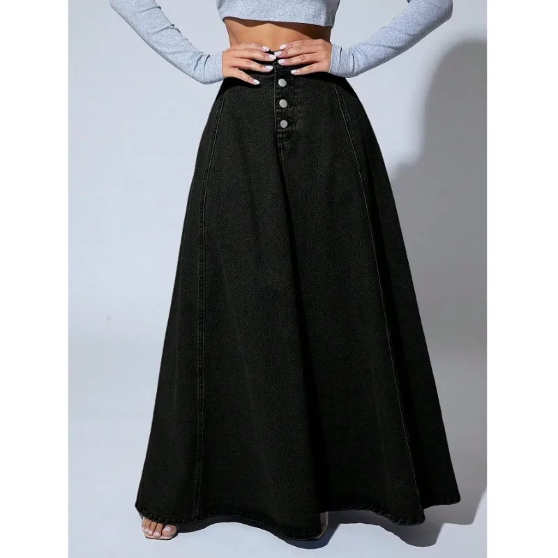 plus Size Women's Black Denim Long Skirt High Waist Single Button Flared Vintage Slimming Fashionable Versatile Mini Skirt view 2