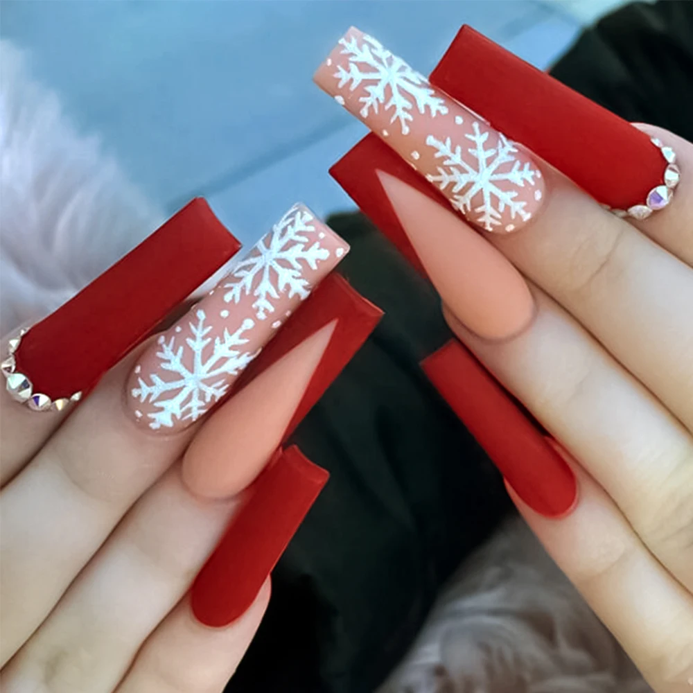 24szt Red Christmas Long Coffin Fałszywe paznokcie Snowflake Rhinestones Press on Fake Nails Full Cover Wearable Xmas French Fake Nails*