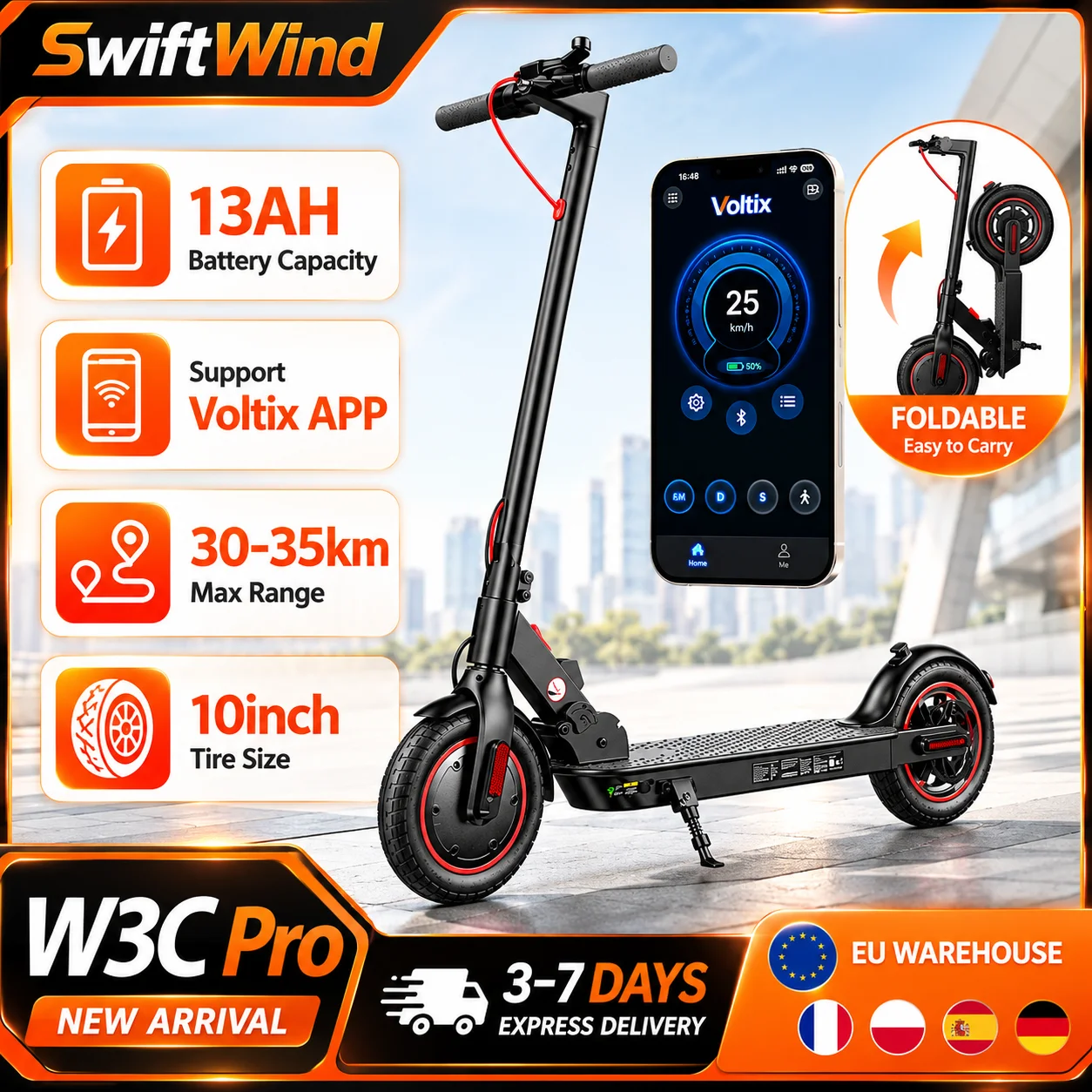 Patinete eléctrico W3CPro, 36 V, 15 Ah, autonomía de 30 km, neumáticos inflables de 10 pulgadas, patinete con freno de disco trasero