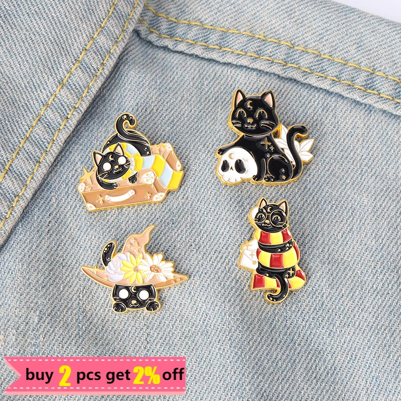 Halloween Cats Enamel Pins Black Witch Punk Magic Skull Cape Brooches Metal Badge Gifts for Women Men Kids Festival Decorations