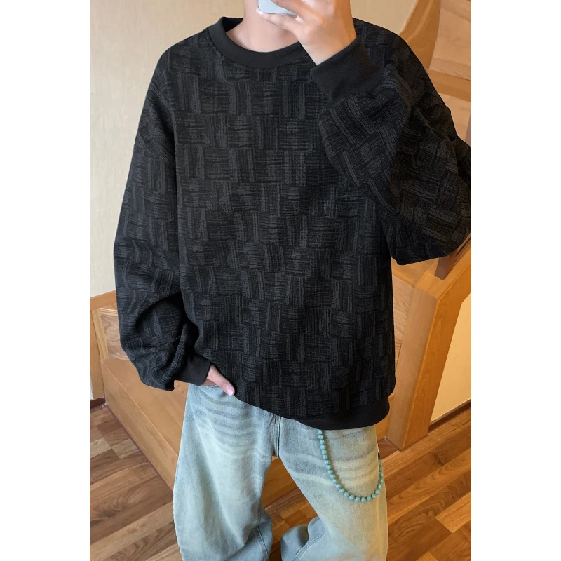 2026 Unisex Oversized Round Neck Sweatshirt Textured Plaid Jacquard Long Sleeve Casual Pullover Top Loose Fit Neutral Streetwear