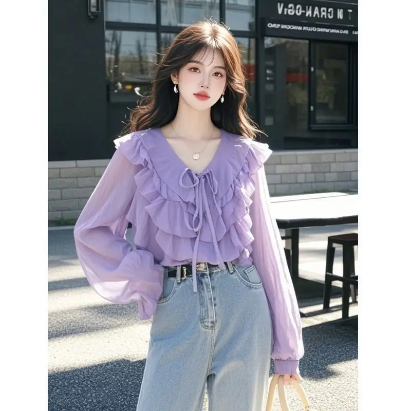 2025 printemps et été nouvelle chemise Super beau Design Unique violet à volants bord col en v chemise femmes haut
