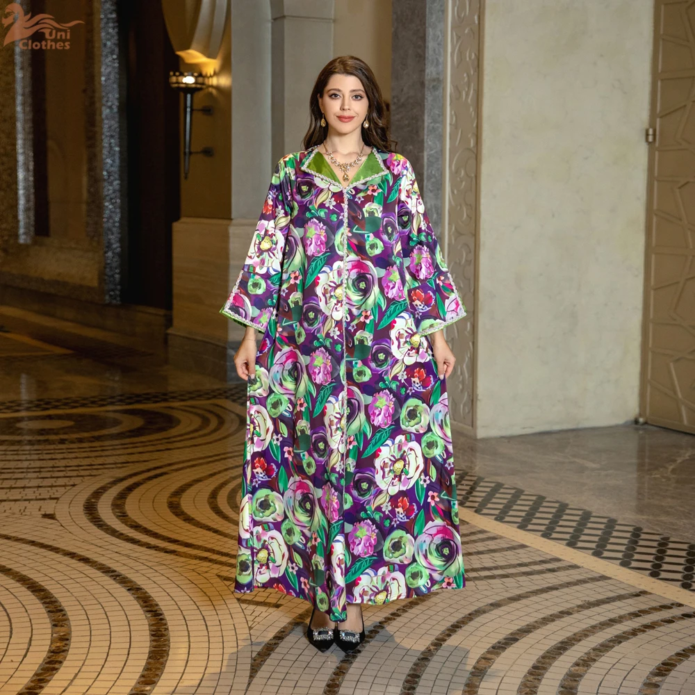 

Arab Dubai Jalabiyat Women Diamonds Printing Casual Abaya Moroccan Turkish Islamic Long Sleeve V-Neck Kaftan Muslim Eid