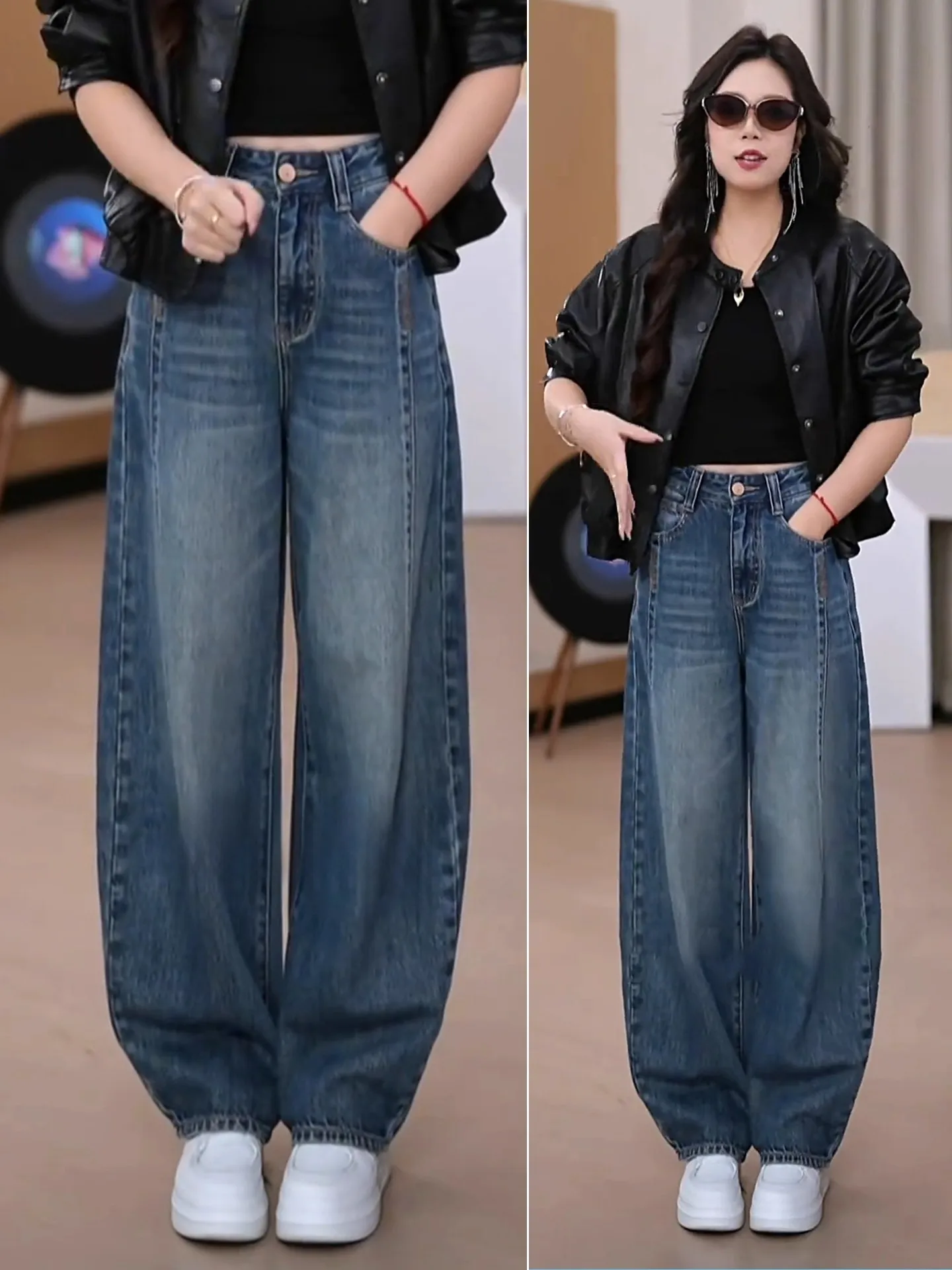 

Новые женские джинсы-брюки 2025 года, осенне-зимние, с высокой талией, прямые, широкие штанины, повседневные, с эффектом выцветания