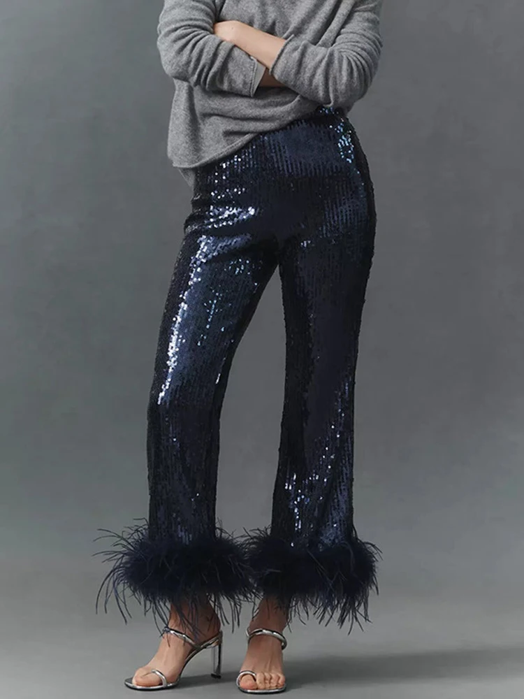

Женские модные брюки с пайетками, прямые, 2026, новинка, с перьями, пэчворк, облегающие, расклешенные, для ночных клубов, вечеринок, повседневные, весенние