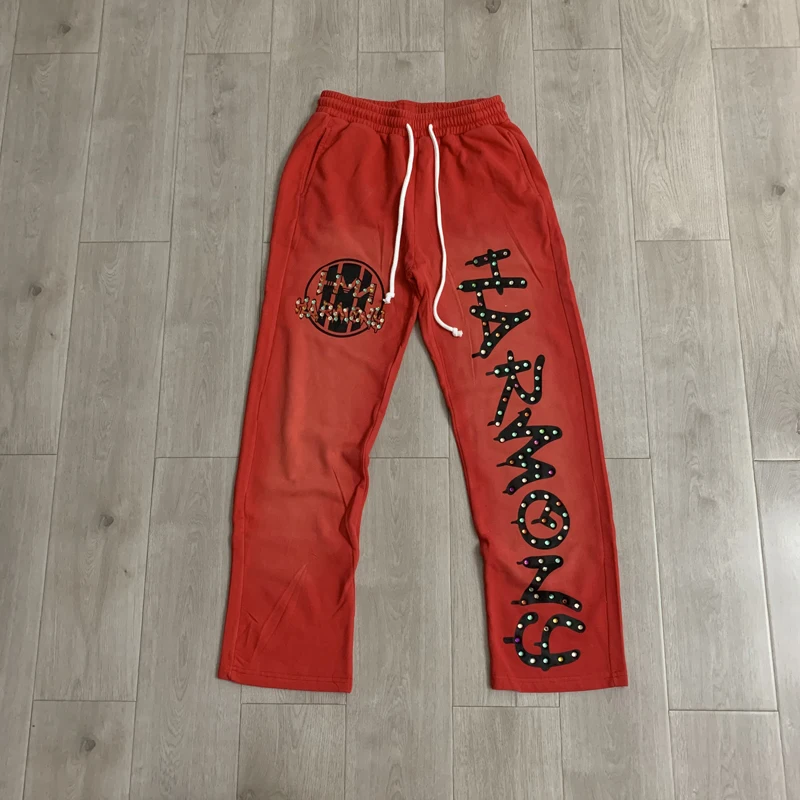 High Street Hip-hop Comfortable Casual Pants Men Women High-quality Pants Real Pictures Rhinestone HARMONY Sweatpants