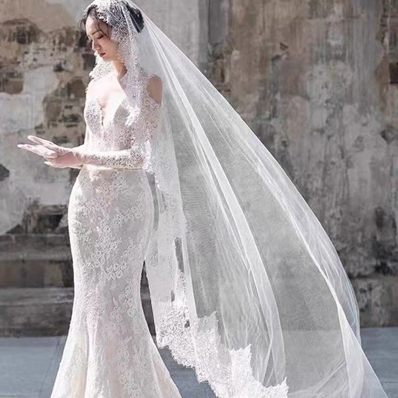 صور حقيقية 3M طبقة واحدة طرحة زفاف مع مشط لينة رمش الدانتيل حافة حجاب الزفاف زين كاتدرائية العروس أغطية الرأس مخصص #4