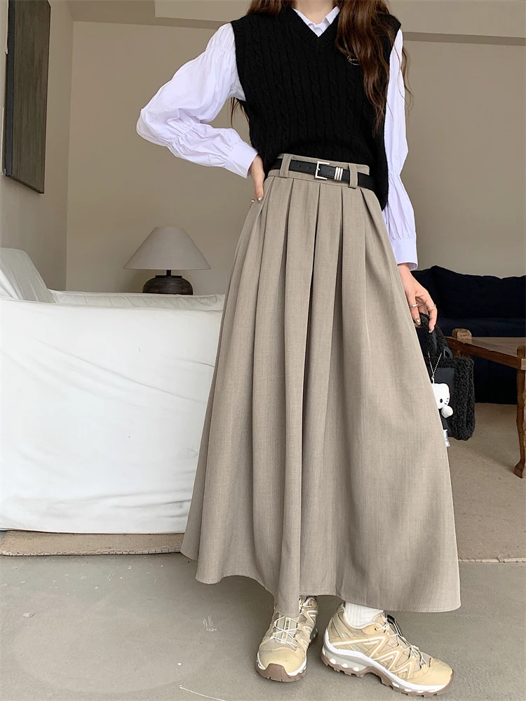 2026 New Korean Skirt Women Solid Color Versatile Mid-length Pleated Skirt Large Swing Type Skirt Female Long Skirts for Women