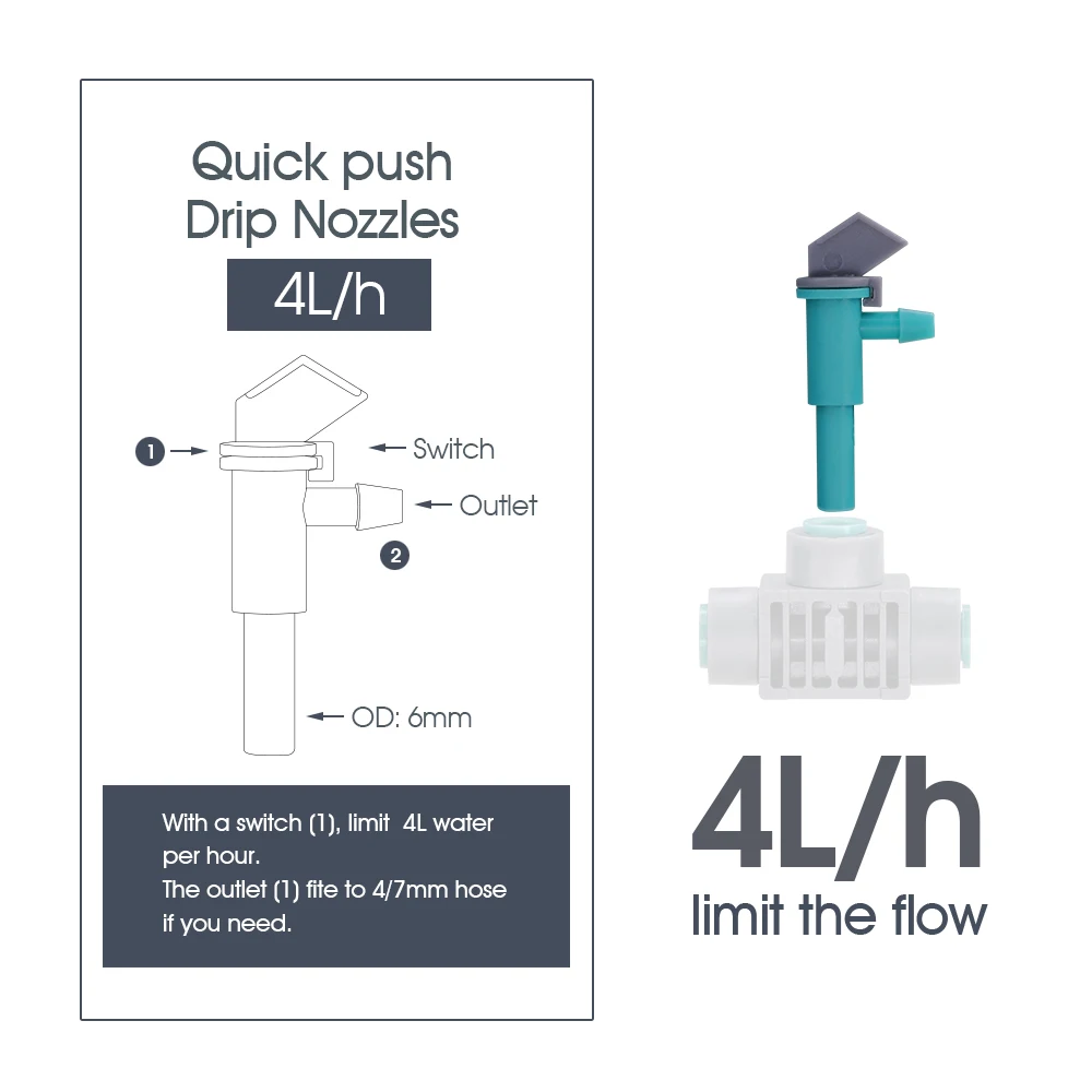 20PCS 4L/h OD-6.0mm to 1/4'' Barb Water Dropper with Valve Garden Bonsai Micro Drip Nozzles for 4/7mm Hose Irrigation Sprinklers