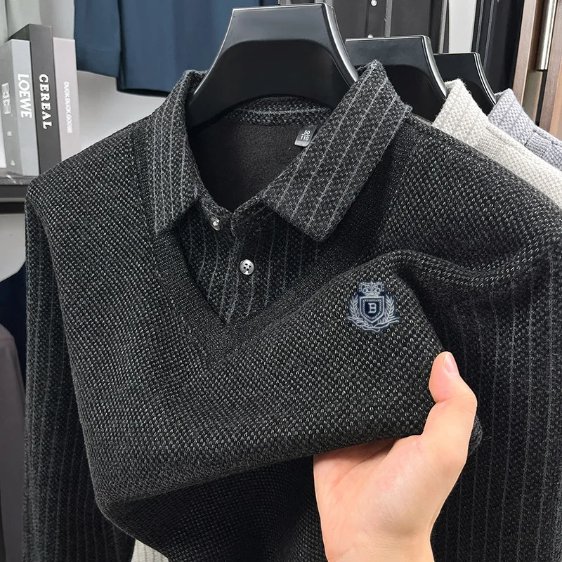 Autumn New Men's Fake Two-Piece Polo Shirt Trendy Solid Color Lapel Collar Long Sleeved Pullover Tops Daily Versatile Men's Wear