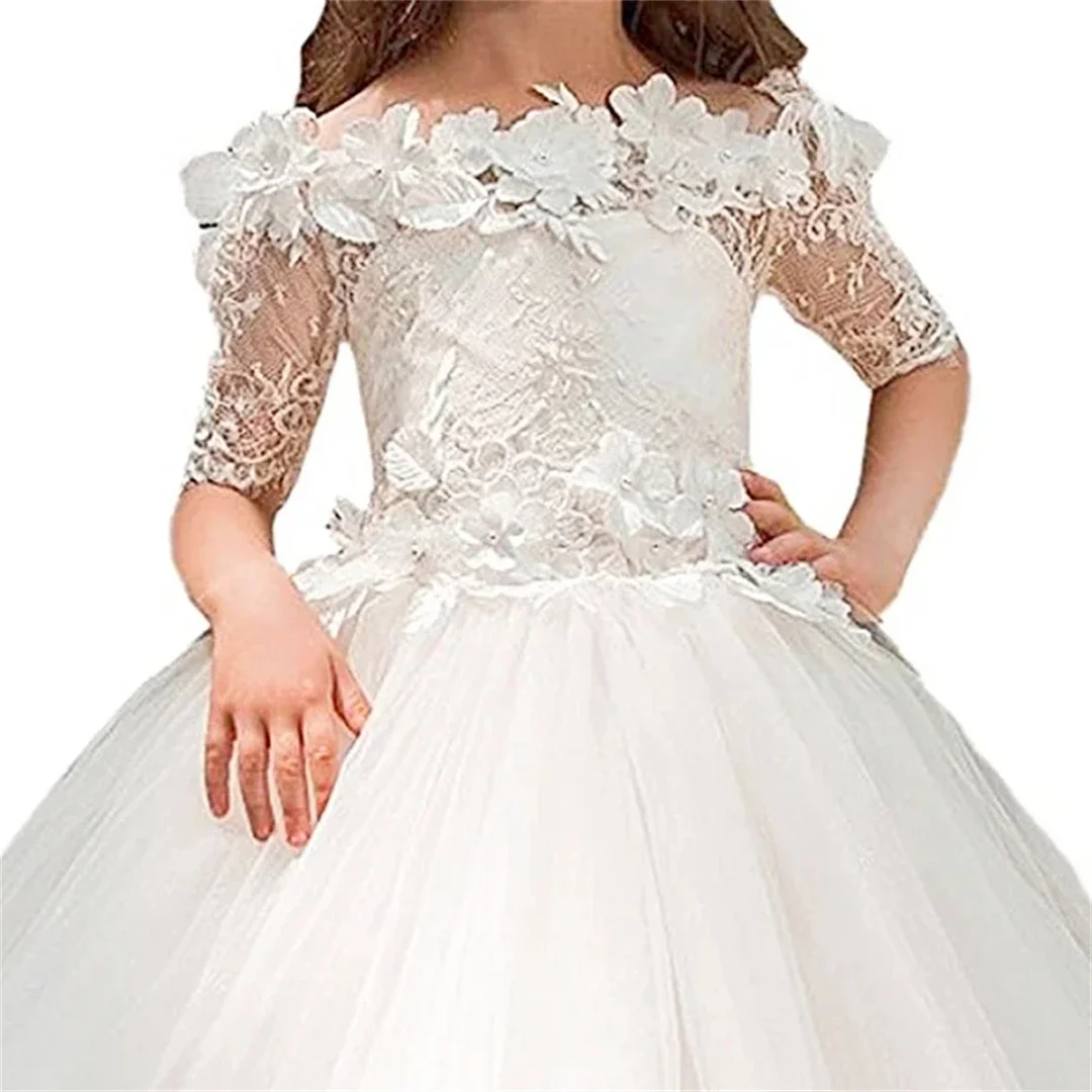 Flower Girl Dresses Lace Appliques for Wedding Party Off Shoulder Half Sleeves Tulle Child Princess First Communion