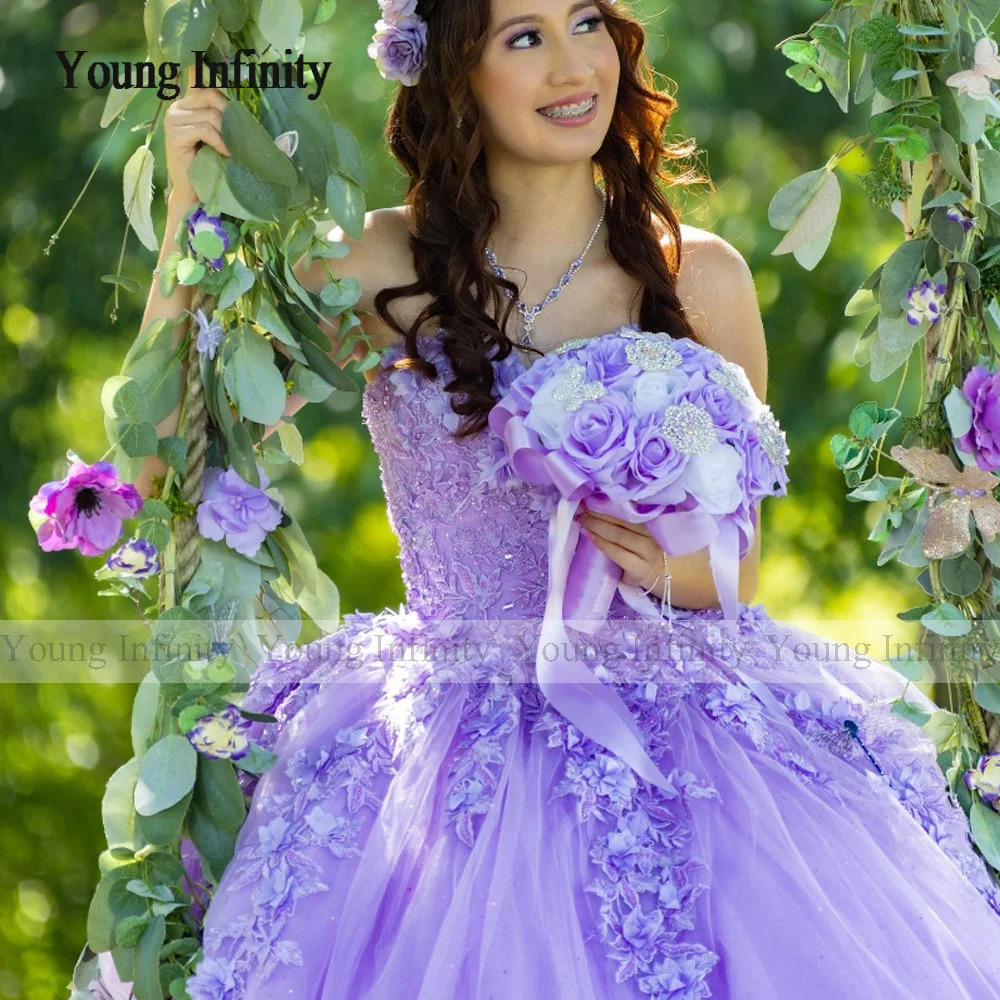 Young Infinity Lavender Shiny Quinceanera Dress Ball Gown Off Shoulder Corset Crystal Beading Applique Lace Vestidos De 15 Años