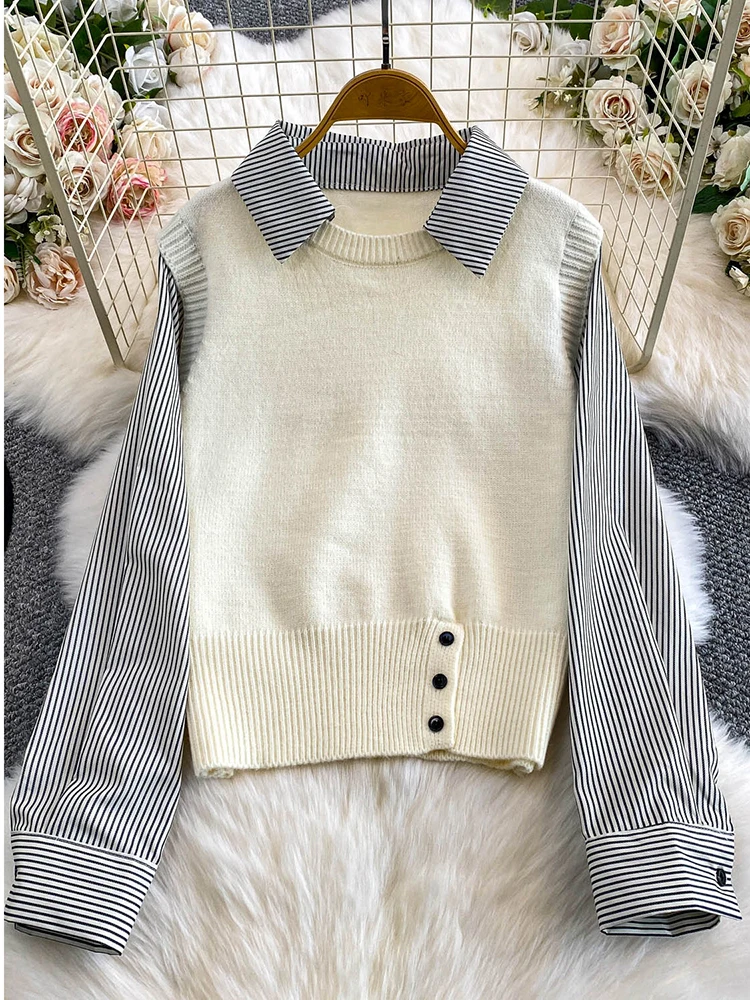 

Женская осенне-зимняя рубашка из двух предметов в стиле пэчворк, полосатый отложной воротник, рубашка с длинными рукавами, вязаный топ, женский пуловер BL249