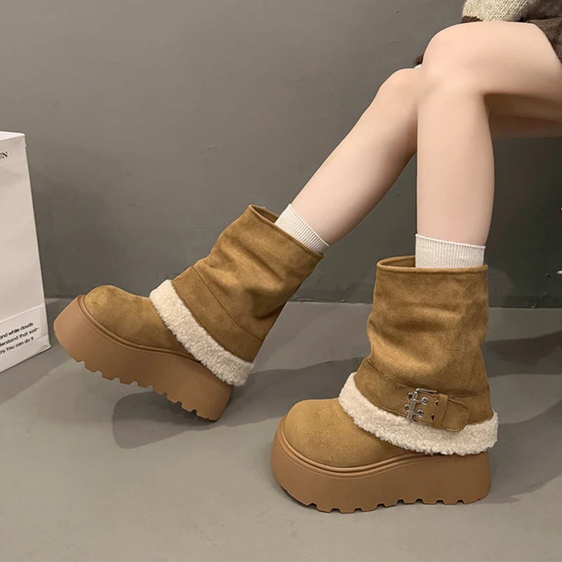 جديد إمرأة منتصف العجل الأحذية منصة أحذية قطنية الشقق الثلوج أحذية امرأة 2025 الشتاء أفخم أحذية دافئة عادية تشيلسي بوتاس Mujer #4