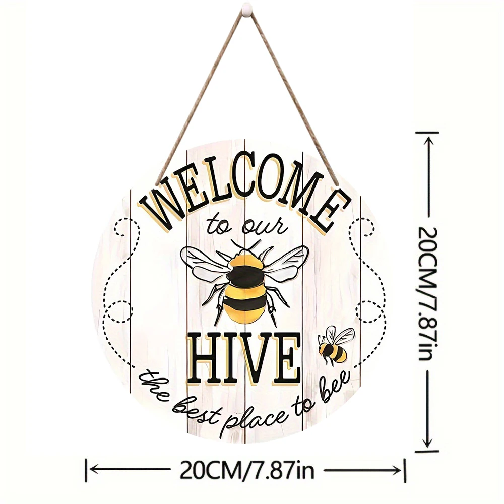 1Pc Bee Welcome To Our Hive Wood Hanging Sign For Home Garden Decor,Rustic Round Wooden Wall Hanging Plaque Sign For Outdoor Dec