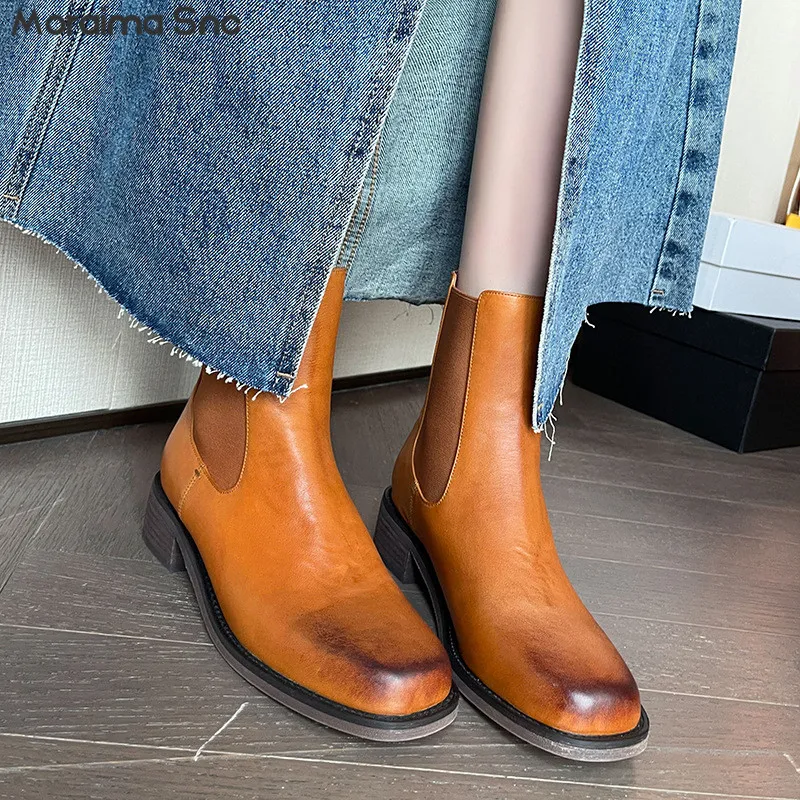 

Retro Washed Horsehide Chelsea Boots Simple Square Toe Chimney Short Boots Rear Zipper Heightening Thick Heel Women's Boots