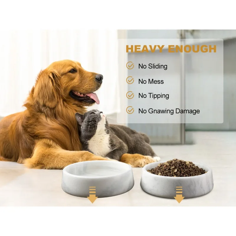 Non-Slip Heavy White Marble Dog Bowl, Large Weighted Stone Dish, 6-Cup Capacity for Large Dogs