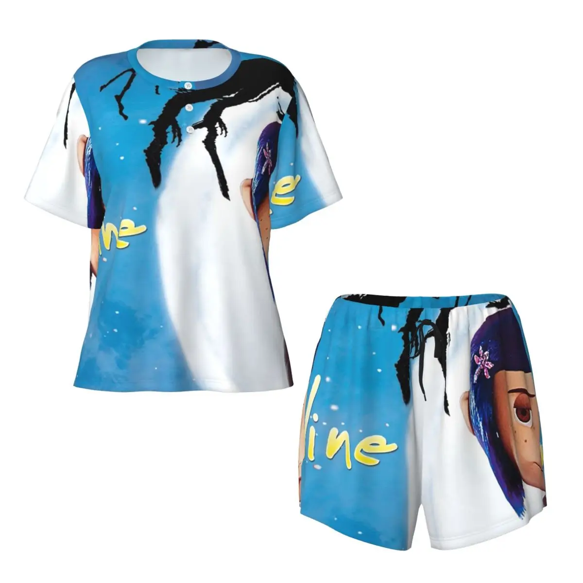 Camisón de Manga Corta con Cuello Redondo de Dibujos Animados de Coraline para Halloween, Camisón para Dormir, Conjunto de Pijama Holgado para Mujer