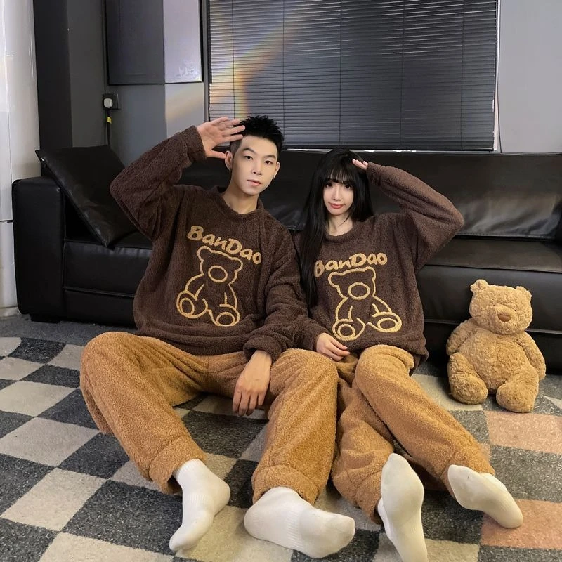 Mezza Pile Coppia Pigiama Donna Autunno e Inverno Pile Addensato Cartone Animato da Uomo High-end Semplice Esterno Pigiama Vestito 2025